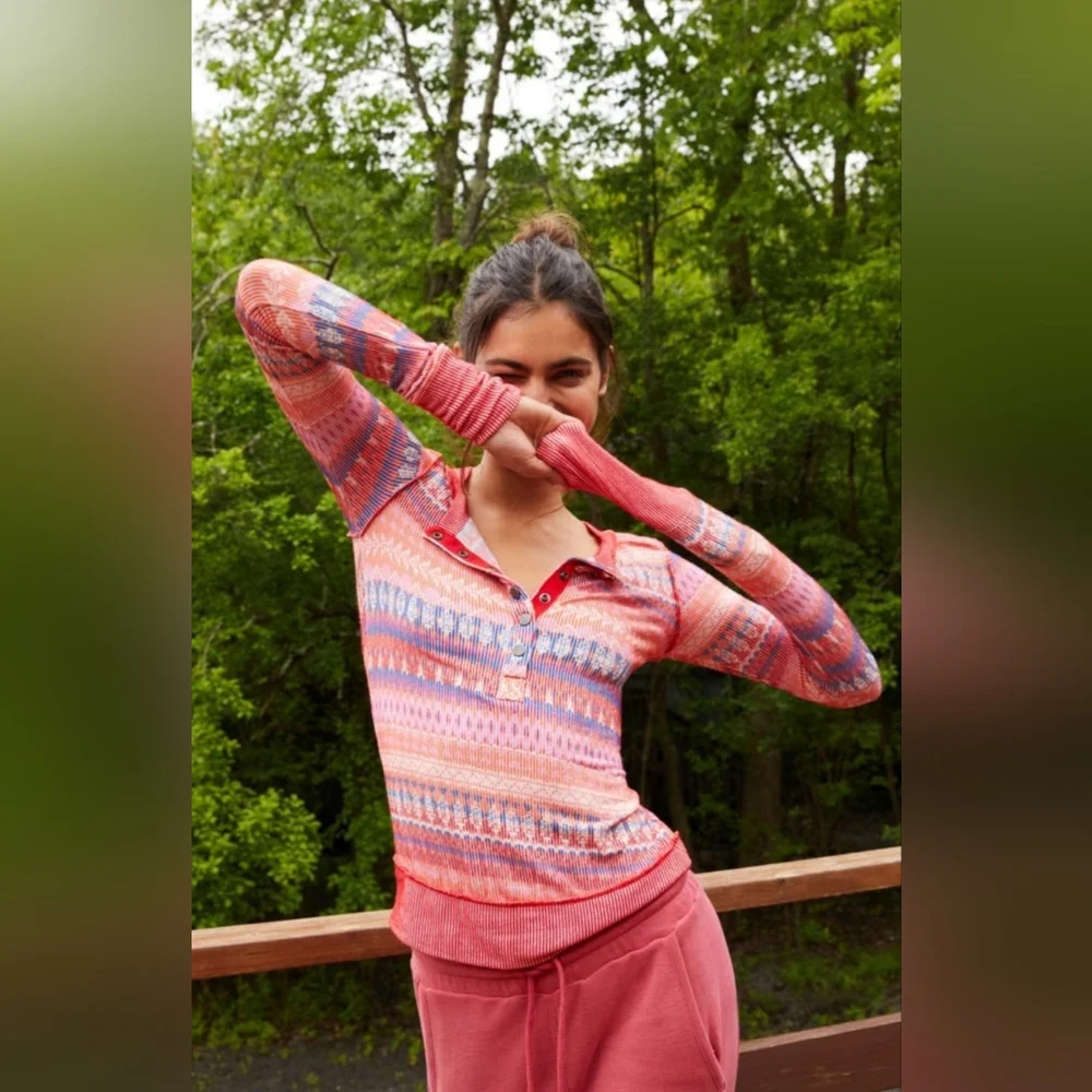 Free People FP Movement Rally Fired Up Combo Orange Multi Colored Henley Top